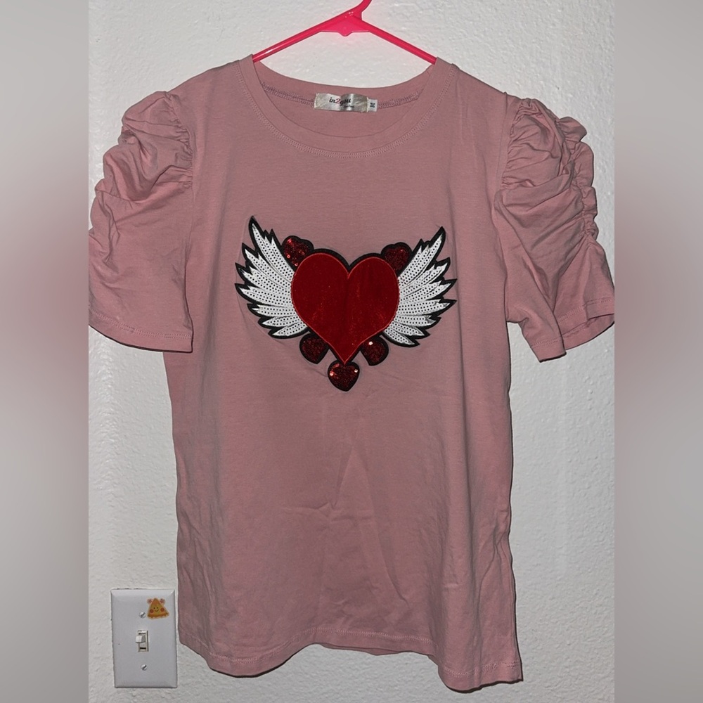 Pink Tee with Winged Red Heart Patch